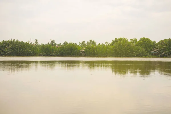 Paisaje de río / lago y bosque con fondo de cielo azul —  Fotos de Stock