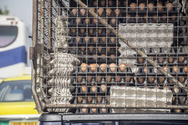 Pallet di uova su camion. Trasporto di prodotti agricoli . — Foto Stock