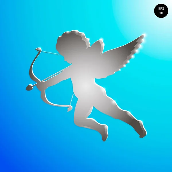 Vector Valentine's Day card. Grey silhouette cupid on a blue gradient background. Glass strength of Cupid — Stock Vector