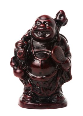 Netsuke bir çanta ve bir fan ile mutlu şişman adam. İzole.