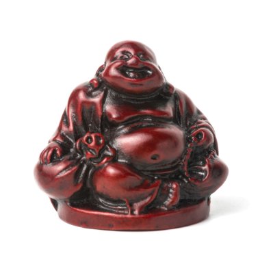 Bir çanta ve bir tespih Netsuke mutlu şişman adam. İzole.