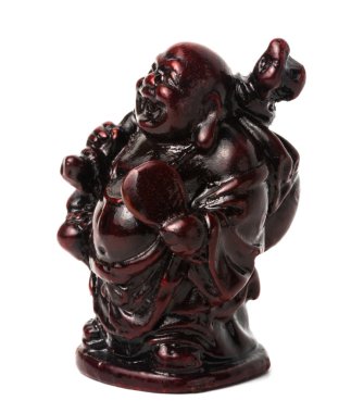 Netsuke bir çanta ve bir fan ile mutlu şişman adam. İzole.