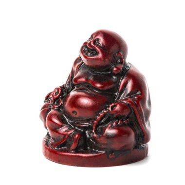 Bir çanta ve bir tespih Netsuke mutlu şişman adam. İzole.