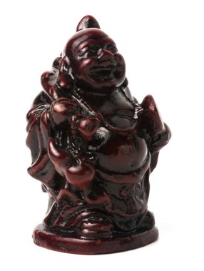 Netsuke bir çanta ve bir fan ile mutlu şişman adam. İzole.