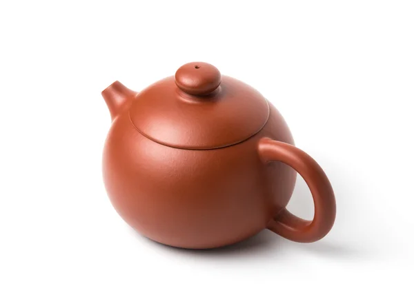 Small brown earthenware teapot with closed lid isolated on white — Stock Photo, Image