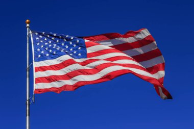 Amerikan bayrağı sallayarak masmavi gökyüzünde