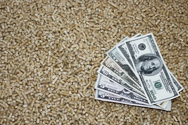 Wood pellets and money, dollars. The concept of savings when using eco-friendly materials.Recycling of waste production .Biofuels . The cat litter.