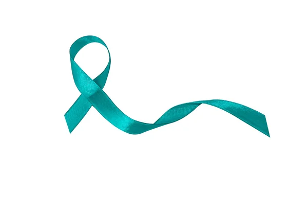 Turquoise awareness ribbon to support people with ovarian cancer. Concept questions/ assistance and actions of people living with the disease, and PTSD . Turquoise ribbon isolated on white background. — Stock Photo, Image