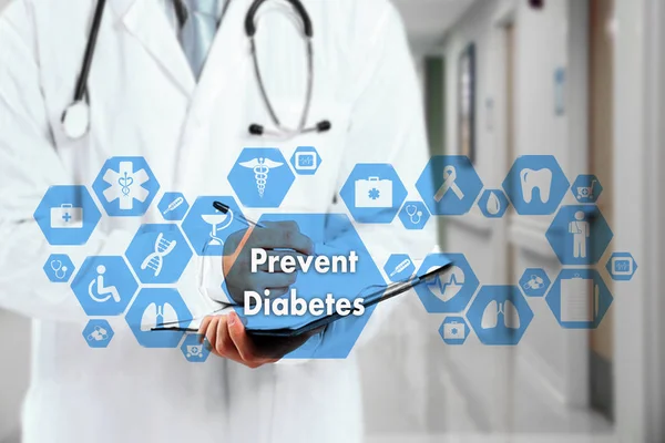 Medical Doctor with stethoscope and word prevent diabetes in Med — Stock Photo, Image