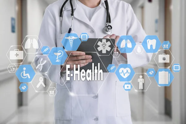 Medical Doctor with stethoscope and E-Health word in Medical net — Stock Photo, Image