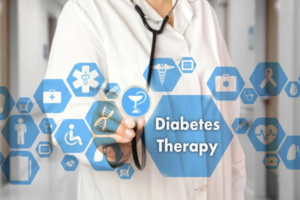 Medical Doctor with stethoscope and Diabetes Therapy icon in Med — Stock Photo, Image