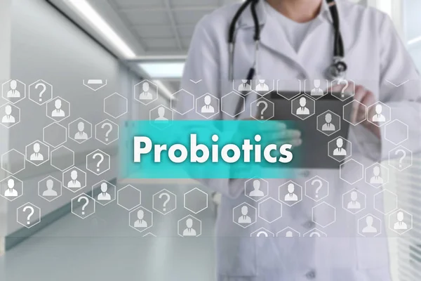 Probiotics on the touch screen with icons on the medicine backgr