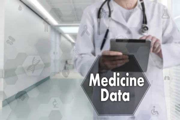 Medicine data button on the touch screen with medicine icons on — Stock Photo, Image