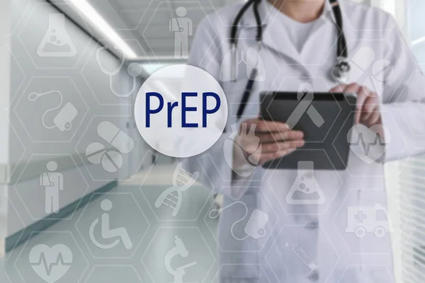 PrEP on the touch screen with medicine icons on the background b — Stock Photo, Image