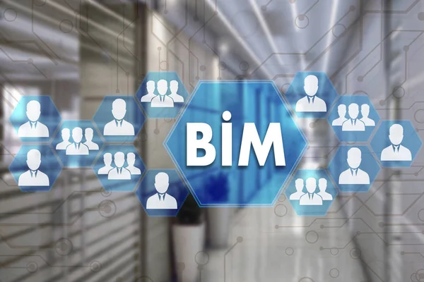 Modelado de información de construcción. BIM en la pantalla táctil con una b — Foto de Stock