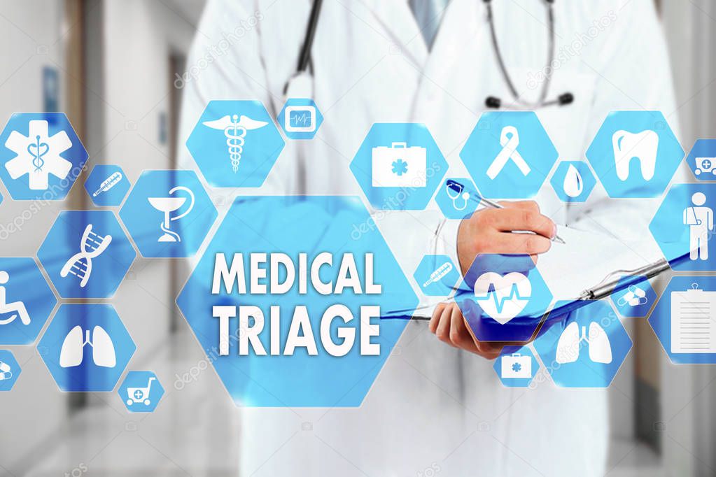 Medical Doctor with stethoscope and MEDICAL TRIAGE sign in Medic