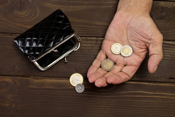 Osoby w podeszłym wieku przytrzyma monety na stary pusty portfel. Ręka — Zdjęcie stockowe