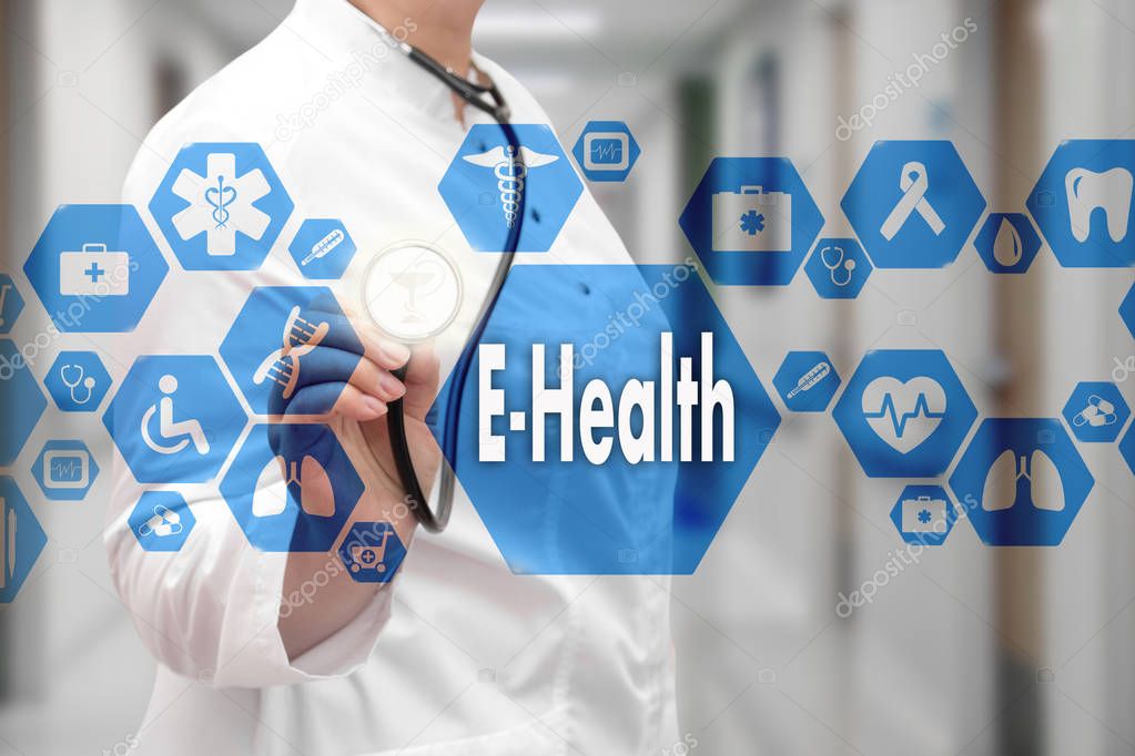Medical Doctor with stethoscope and E-Health word in Medical net