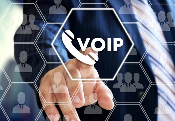 The businessman chooses VOIP on the virtual screen in social net Stock Image