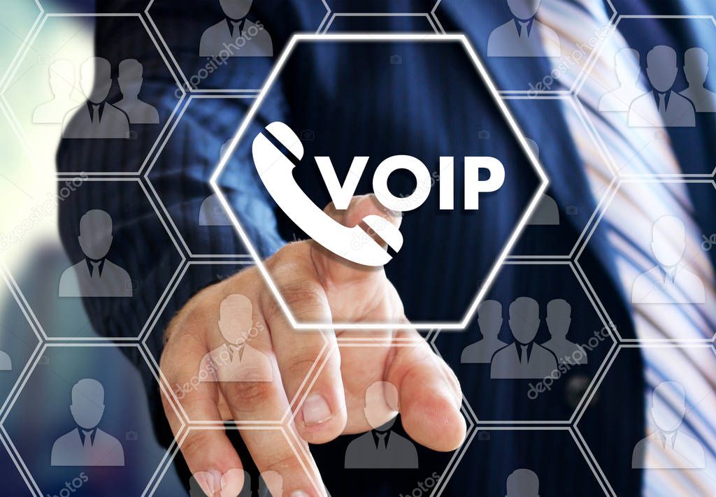 The businessman chooses VOIP on the virtual screen in social net