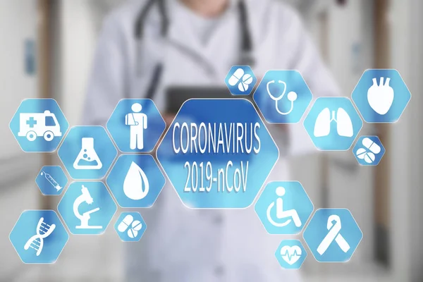 Coronavirus 2019-nCoV  words on the virtual screen on Medical Do Stock Photo