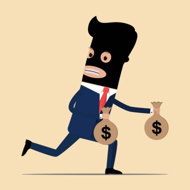 Elinde para geri koşma uzak bakarak iki çanta siyah maskeli bir iş adamı. Hızlı yasadışı kazanç, hırsızlık ve dolandırıcılık kavramı