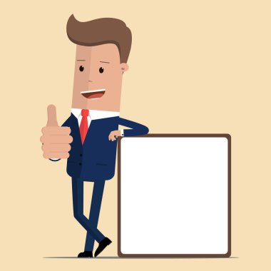 işadamı veya Yöneticisi afiş reklam başparmak-up işareti işaret yaslanmış