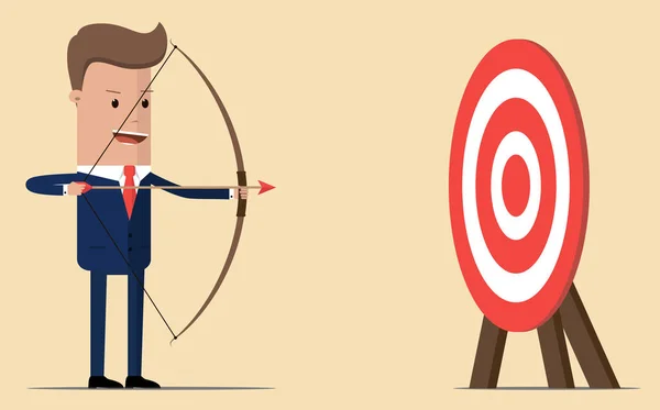 Hombre de negocios apuntando objetivo con arco y flecha. Concepto negocio vector ilustración — Vector de stock