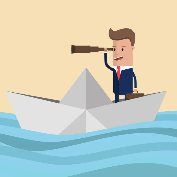 Geschäftsmann auf einem Papierschiff in schwerer See. Mitarbeiter auf einem Papierboot, das auf den Wellen schwimmt. Suche nach Geschäftskonzept und Risiken — Stockvektor