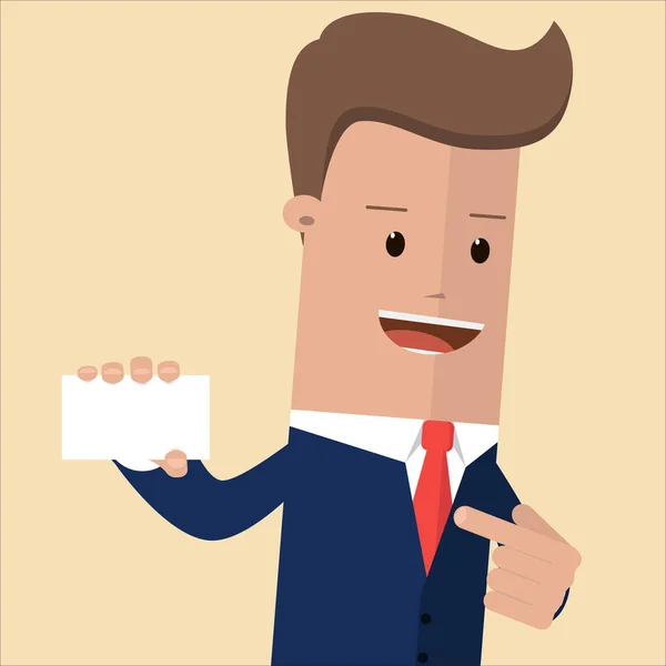 Homme d'affaires ou directeur. Un homme en costume montre une carte de visite. Homme d'affaires titulaire d'une carte de visite — Image vectorielle