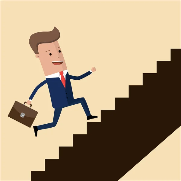 Subir concepto, Escalera de carrera, Empresario con maleta subiendo las escaleras del éxito. Concepto para negocios exitosos, crecimiento profesional, logros profesionales. Escalera hacia el éxito — Vector de stock