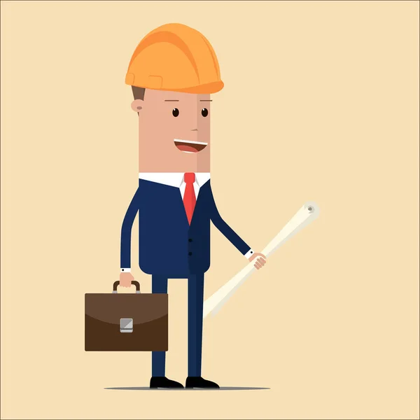 Happy architect or engineer in yellow safety helmet with briefcase and building project blueprints rolls, for investor presentation on construction industry concept design — Stock Vector