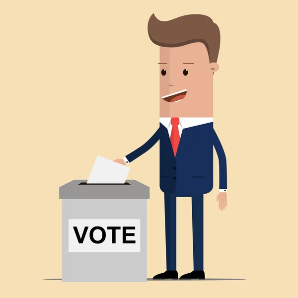 Un hombre de traje, un hombre de negocios poniendo papel en las urnas. Concepto de votación — Vector de stock