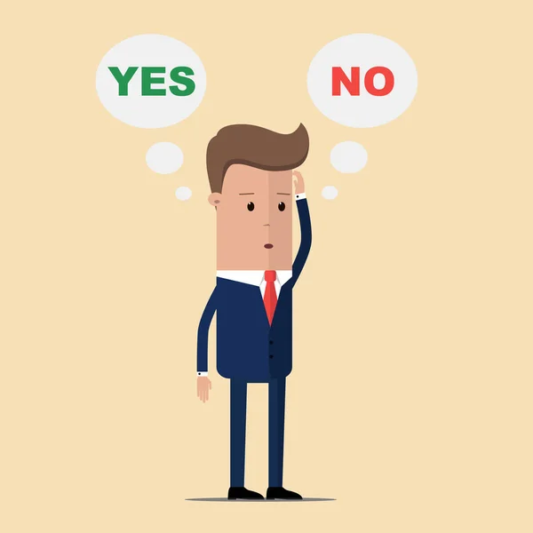 Myšlení podnikatel s řeči bubliny, volba mezi Ano a ne. podnikatel a volbou Ano nebo ne. Volba, rozhodnutí a problém koncepce — Stockový vektor