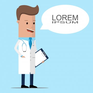 Bir pano ile konuşma balonu tutan doktor. düz vektör çizim