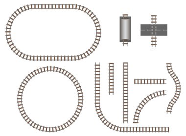 Vector railroad and railway tracks construction elements. Wavy trackway structure for traffic train illustration clipart