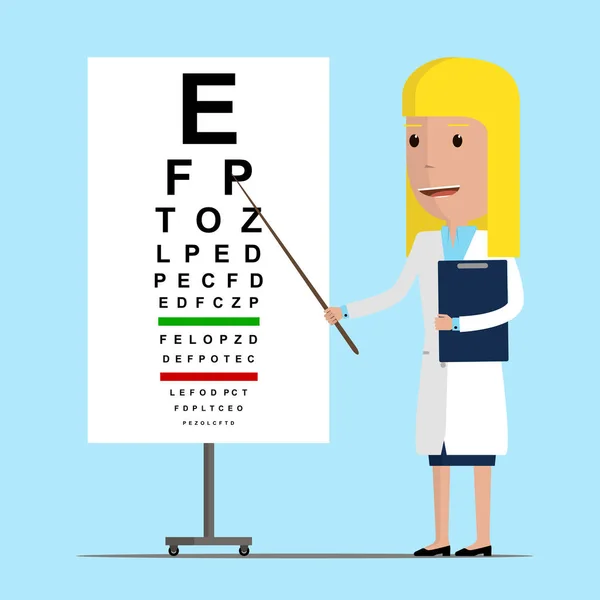 L'ophtalmologiste indique à la table de contrôle de la vue. Concept de médecin oculiste. Illustration vectorielle — Image vectorielle