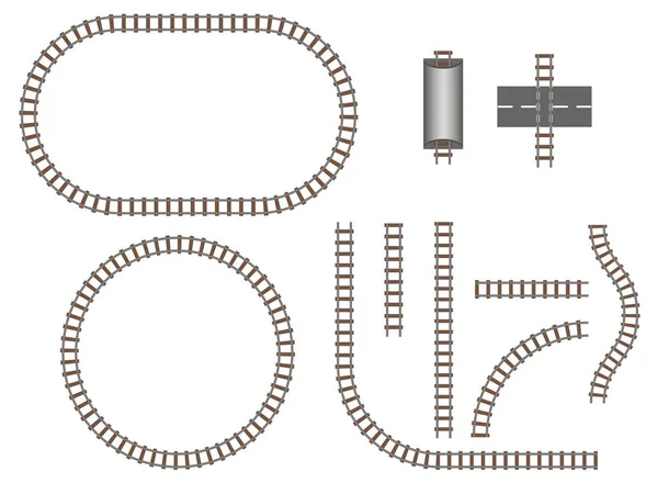 Векторные железнодорожные и железнодорожные пути строительные элементы. Волнистая структура трассы для иллюстрации движения поездов — стоковый вектор
