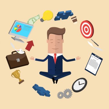 Lotus poz oturan işadamı. Office çalışan çoklu görev ve meditasyon, rahatlatıcı yoga yapıyor. Düz stil vektör çizim