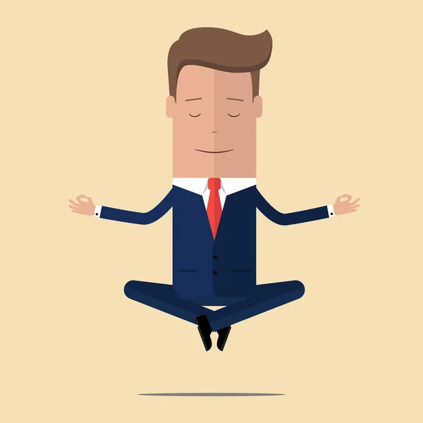 Meditação no escritório. Empresário sentado em pose de lótus ioga, relaxar e pairar no ar. Ilustração vetorial —  Vetores de Stock