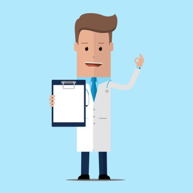 Bir Pano gösterme ile Ok jest doktor. Bir Pano tutan bir tıbbi elbisesi mutlu doktor. Vektör çizim