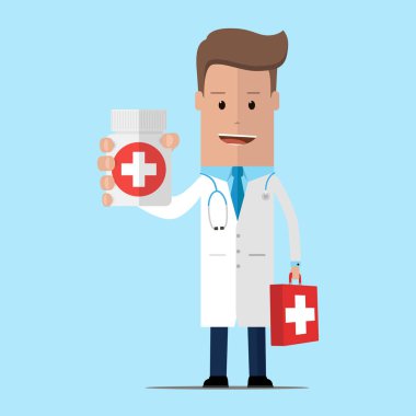 Ecza dolabında bir kutu hap gösterilen doktorla. Vektör illustratio