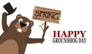Happy Groundhog Day. Groundhog holding cylinder hat and a sign with the text spring clipart