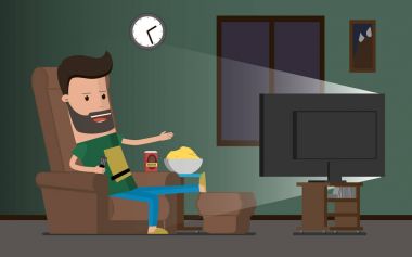 TV izlerken, bira, vektör çizim içme adam. Tembel tembel sandalye izle televizyon