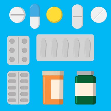 Hap kapsül simgeler düz ayarlamak vektör. Tıbbi vitamini eczane vektör çizim
