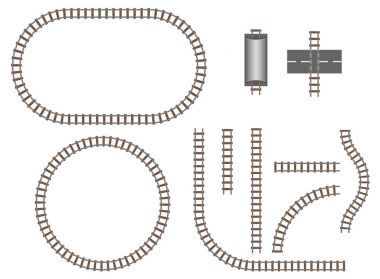 Vektör demiryolu ve demiryolu parça inşaat elemanları. Trafik tren illüstrasyon için dalgalı trackway yapısı