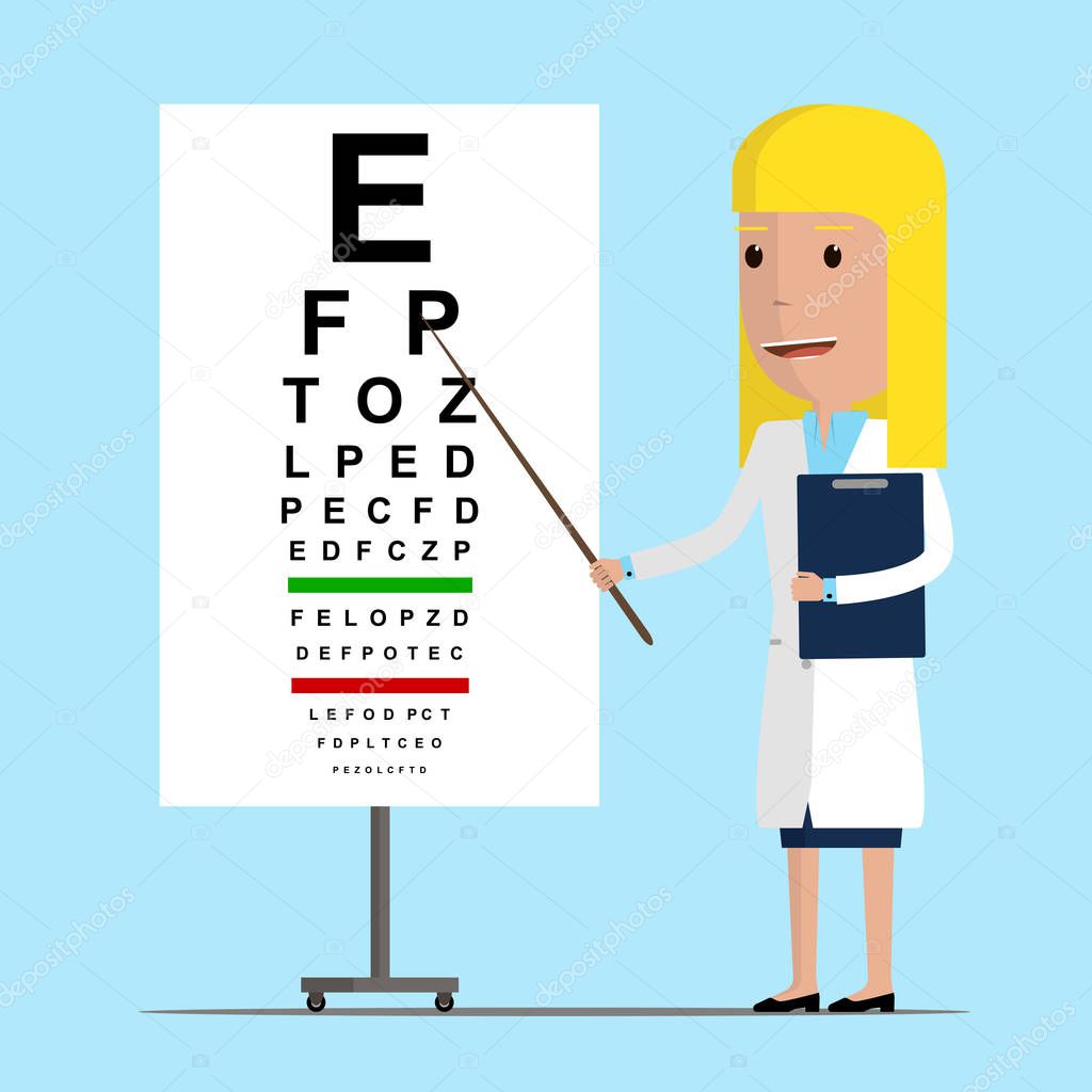 Ophthalmologist point out to eyesight check table. Oculist doctor concept. Vector illustration