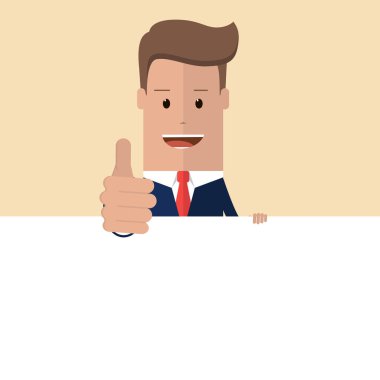 Metin için afiş yer reklam adam. İşadamı başparmak kadar verir. Vektör, illüstrasyon