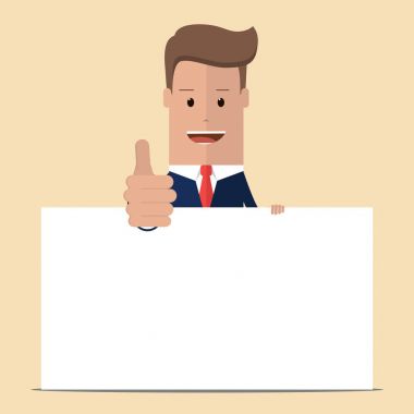 Metin için afiş yer reklam adam. İşadamı başparmak kadar verir. Vektör, illüstrasyon