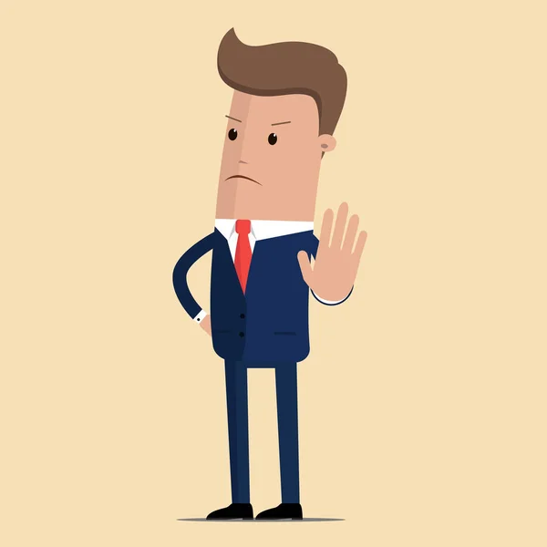 Homem de negócios irritado ou chefe rigoroso de pé e rejeitando algo com gesto stop hand. ilustração vetorial — Vetor de Stock